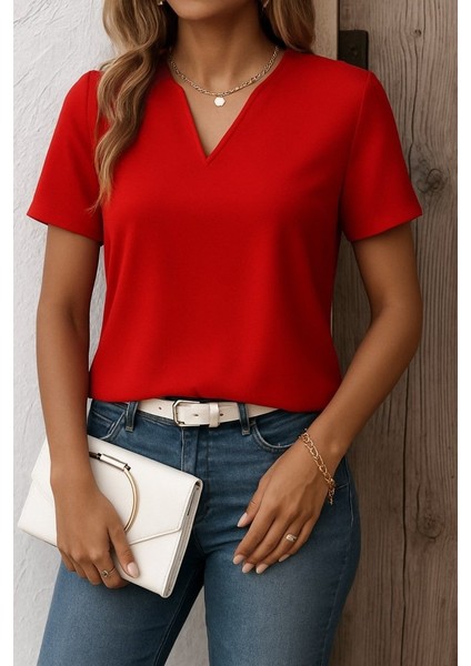 Kadın Kısa Kollu V Yakalı Ithal Krep Elbise