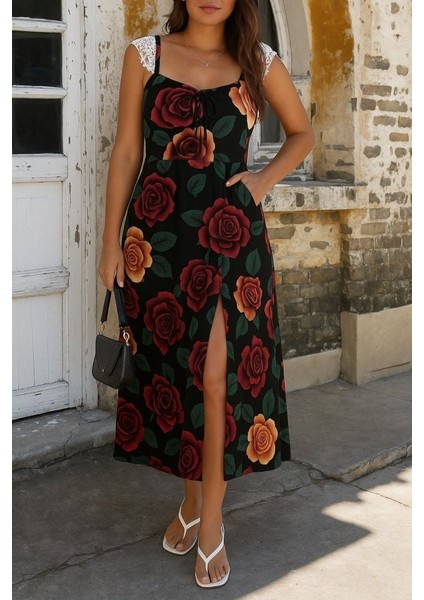 Kadın Askılı Geniş V Yakalı Sırttan Bağlamalı Yırtmaçlı Süprem Elbise