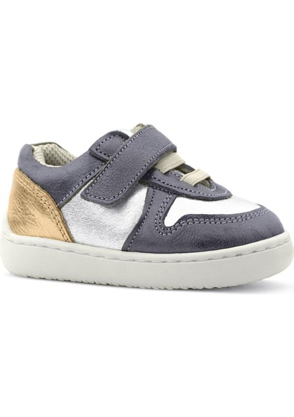 Bob Hakiki Deri Platin Gümüş Barefoot Cırtlı Lastikli Bebek Sneaker Ayakkabı