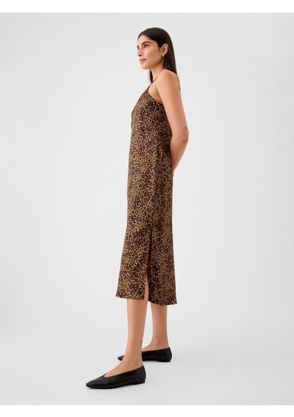 Kadın Kahverengi Leopar Desenli Saten Midi Elbise