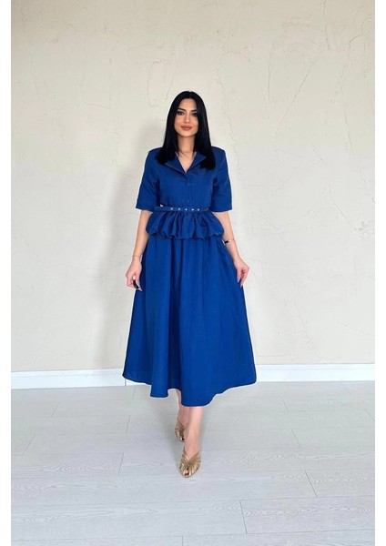 Lacivert Ince Kemerli Fırfırlı Ceket ve Büzgülü Etek Takım