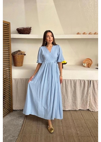 Bebe Mavi Müslin Uzun Elbise modelleri