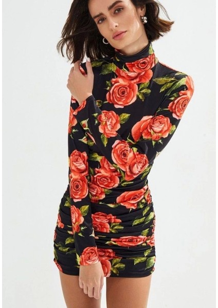 Kadın Balıkçı Yaka Gül Baskılı Fırsat Ürün Mini Elbise fiyatları