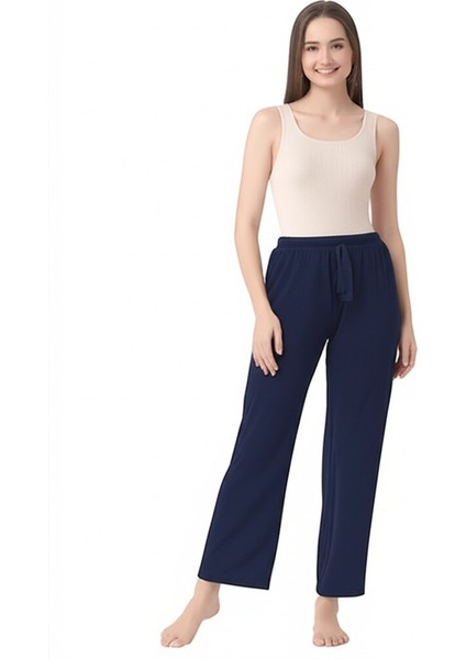 Kadın Pantolon Pamuklu Burgu Kumaş Beli Lastikli Saç Örgü Modelli Likralı Geniş Paça