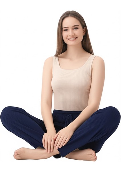 Kadın Pantolon Pamuklu Burgu Kumaş Beli Lastikli Saç Örgü Modelli Likralı Geniş Paça fırsatları