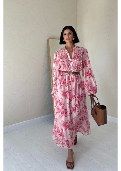 Pembe Biye Detaylı Elbise