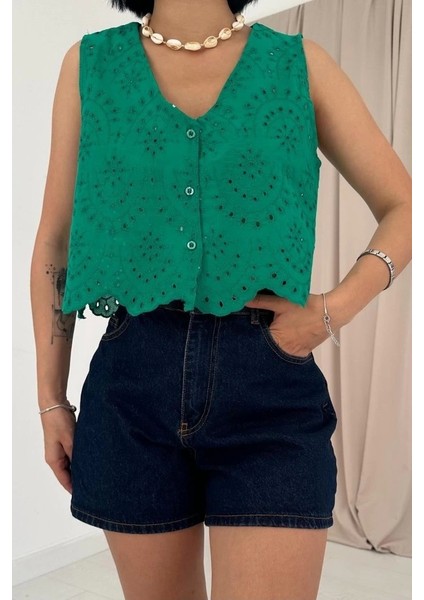 Yeşil Sıfır Kol Brode Bluz modelleri