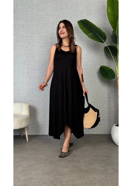 Kadın Çan Dokuma Kumaş V Yaka Asimetrik Kesim Elbise