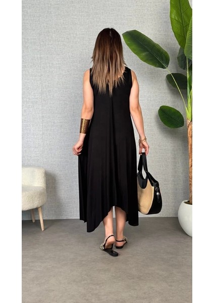 Kadın Çan Dokuma Kumaş V Yaka Asimetrik Kesim Elbise modelleri