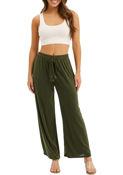 Kadın Pantolon Pamuklu Burgu Kumaş Beli Lastikli Saç Örgü Modelli Likralı Geniş Paça