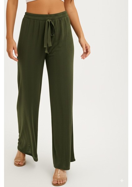 Kadın Pantolon Pamuklu Burgu Kumaş Beli Lastikli Saç Örgü Modelli Likralı Geniş Paça fırsatları