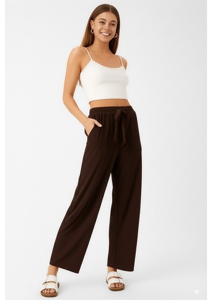 Kadın Pantolon Pamuklu Burgu Kumaş Beli Lastikli Saç Örgü Modelli Likralı Geniş Paça fiyatları