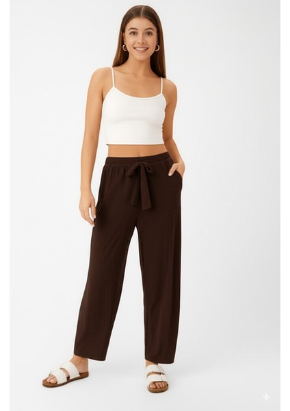 Kadın Pantolon Pamuklu Burgu Kumaş Beli Lastikli Saç Örgü Modelli Likralı Geniş Paça fırsatları