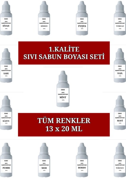 Sıvı Sabun Boyası Seti 13 Adet x 20 ml 1.kalite Sabun Bazı Boyası Sabun Yapım Boyası Tüm Renkler.