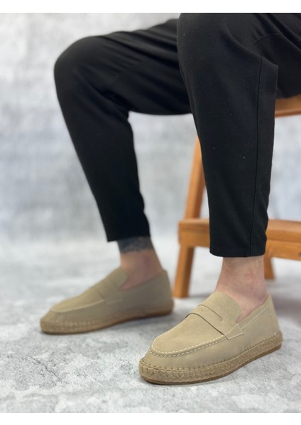 ET0359 Doğal Deri Tozu Bağcıksız Kauçuk El Yapımı Espadril Taban Krem Renk Erkek Ayakkabı modelleri