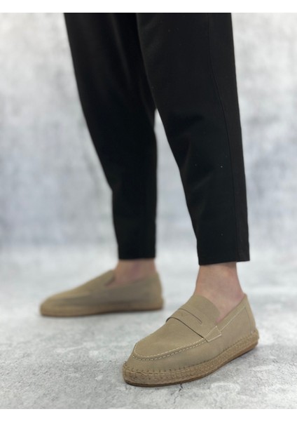 ET0359 Doğal Deri Tozu Bağcıksız Kauçuk El Yapımı Espadril Taban Krem Renk Erkek Ayakkabı fırsatları