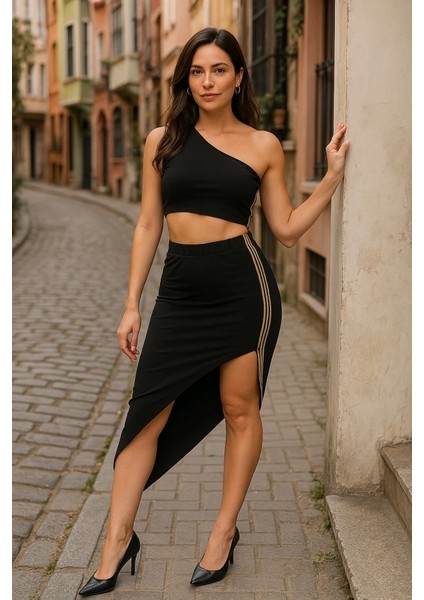 Kadın Tek Omuzlu Asimetrik Etek Şerit Detaylı Fırsat Ürün Sandy Kumaş Ikili Takım