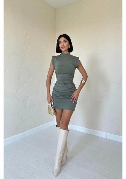 Haki Büzgülü Kolsuz Elbise