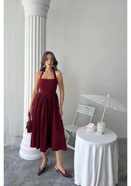 Bordo Boyundan Bağlamalı Keten Elbise