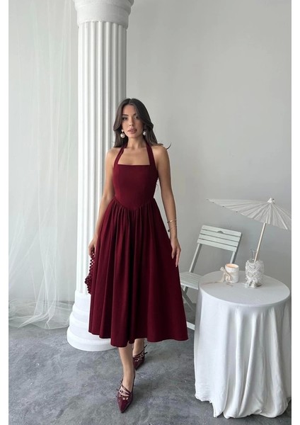 Bordo Boyundan Bağlamalı Keten Elbise fiyatları