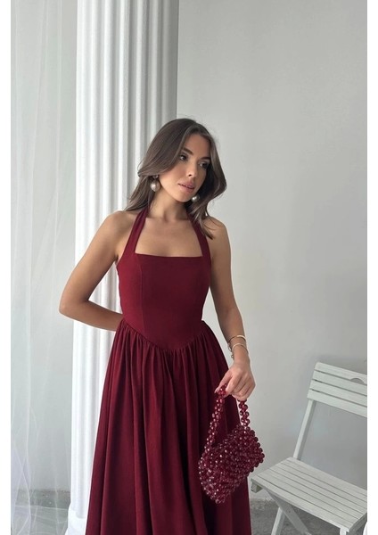 Bordo Boyundan Bağlamalı Keten Elbise fırsatları