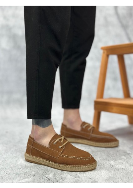 ET0358 Doğal Deri Tozu Bağcıklı Kauçuk El Yapımı Espadril Taban Taba Renk Erkek Ayakkabı