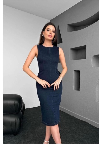 Mavi Arkası Fermuarlı Kot Elbise fiyatları