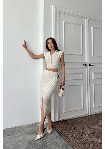 Bej Keten Gömlek ve Etek Takım fiyatları