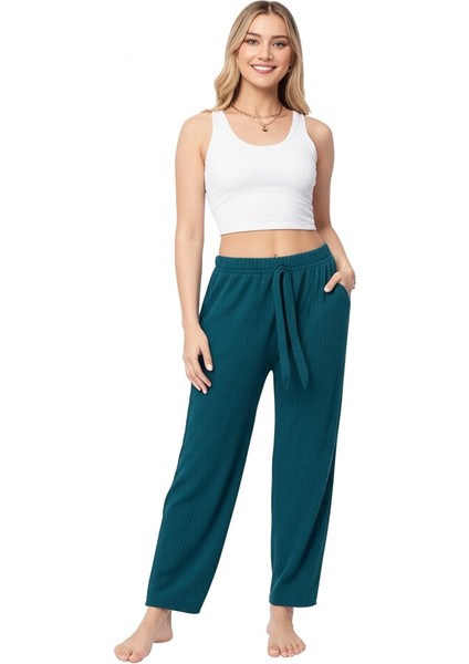 Kadın Pantolon Pamuklu Burgu Kumaş Beli Lastikli Saç Örgü Modelli Likralı Geniş Paça