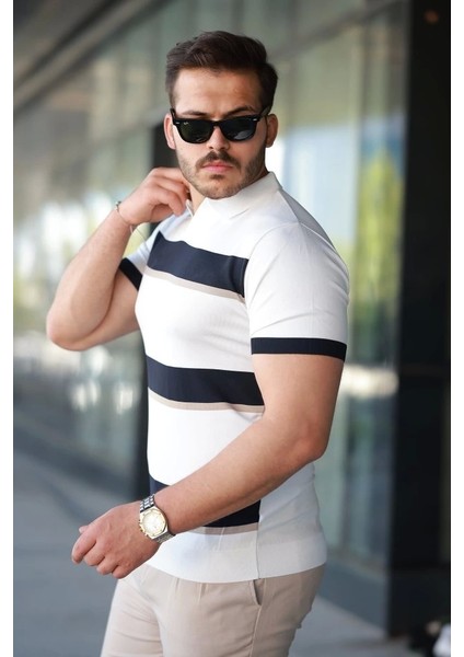 Erkek Şerit Desenli Hemşire Yaka Kısa Kollu Tişört fiyatları