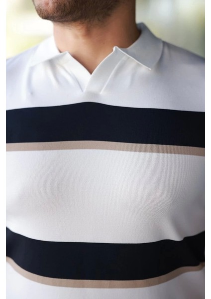 Erkek Şerit Desenli Hemşire Yaka Kısa Kollu Tişört modelleri