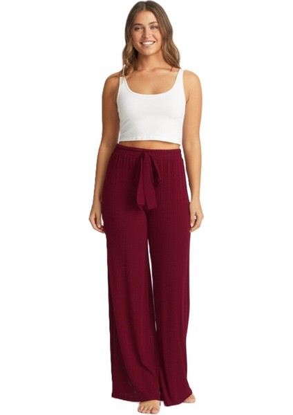 Kadın Pantolon Pamuklu Burgu Kumaş Beli Lastikli Saç Örgü Modelli Likralı Geniş Paça