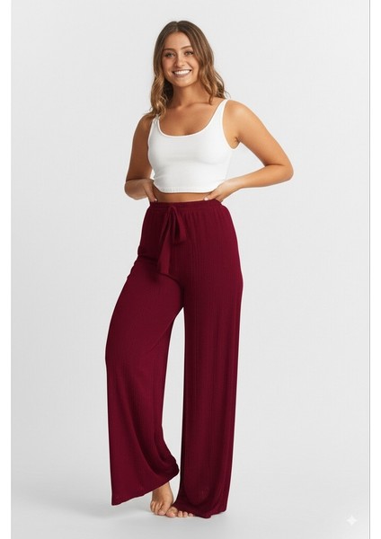 Kadın Pantolon Pamuklu Burgu Kumaş Beli Lastikli Saç Örgü Modelli Likralı Geniş Paça fiyatları