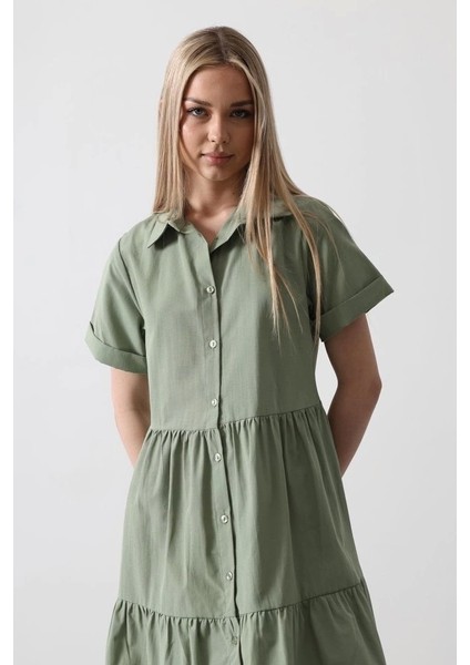 Kısa Kol Düğmeli Elbise - Haki fırsatları