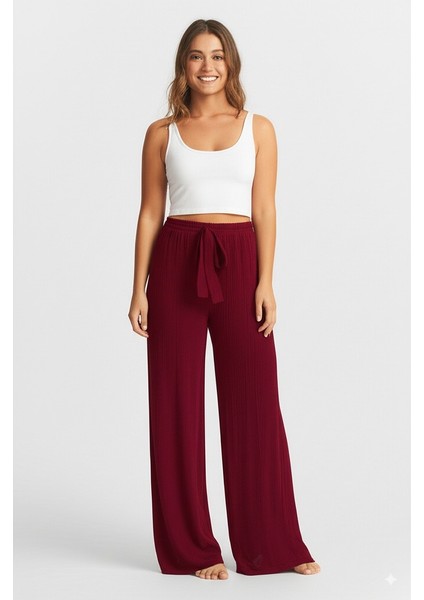 Kadın Pantolon Pamuklu Burgu Kumaş Beli Lastikli Saç Örgü Modelli Likralı Geniş Paça modelleri