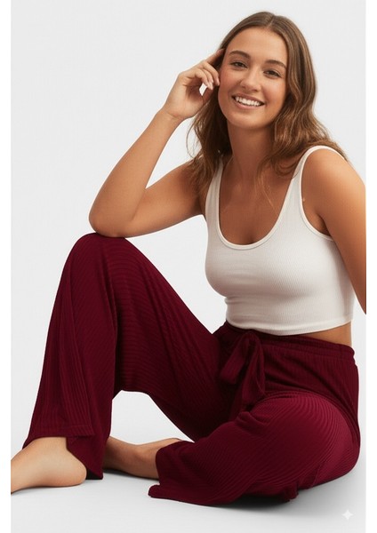 Kadın Pantolon Pamuklu Burgu Kumaş Beli Lastikli Saç Örgü Modelli Likralı Geniş Paça fırsatları