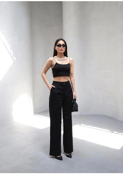 Arkasi Lasti̇kli̇ Pi̇leli̇ Dökümlü Wide Leg Pantolon