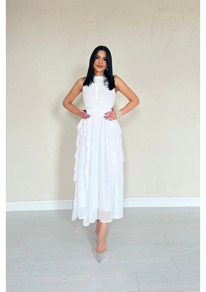 Beyaz Önü Büzgülü Fırfırlı Elbise fiyatları