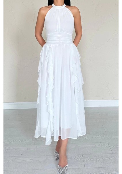Beyaz Önü Büzgülü Fırfırlı Elbise fırsatları