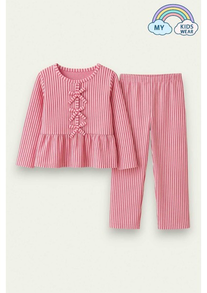 Kız Çocuk Çizgili Fırfırlı Pijama Takımı 5-16 Yaş 12044