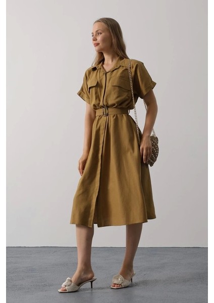Kuşaklı Cep Detaylı Yarım Kol Elbise - Yağ Yeşili modelleri
