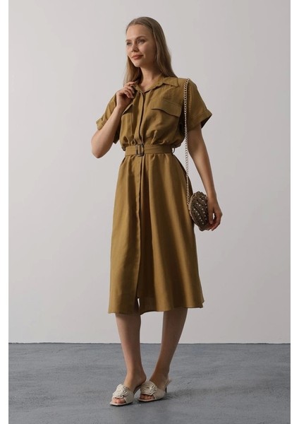 Kuşaklı Cep Detaylı Yarım Kol Elbise - Yağ Yeşili fırsatları
