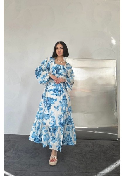 Mavi Arkası Gipeli Uzun Elbise