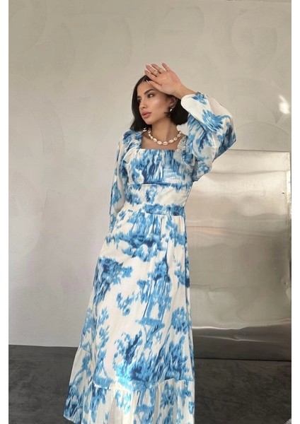 Mavi Arkası Gipeli Uzun Elbise fiyatları
