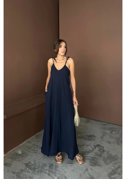 Askılı Uzun Salaş Müslin Elbise - Lacivert