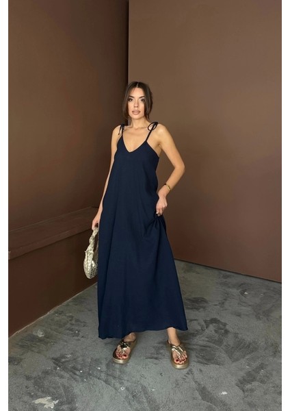 Askılı Uzun Salaş Müslin Elbise - Lacivert modelleri