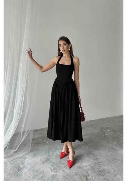 Siyah Boyundan Bağlamalı Keten Elbise modelleri