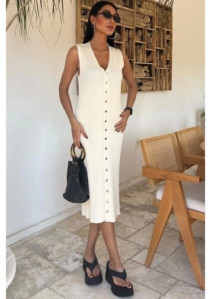 Önü Düğmeli Fitilli Kolsuz Elbise 2832