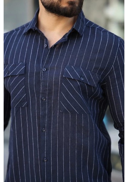 Erkek Pamuklu Çizgi Desenli Cep Detaylı Gömlek modelleri