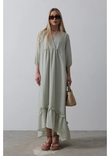 Çizgili Oversize V Yaka Elbise - Haki fiyatları